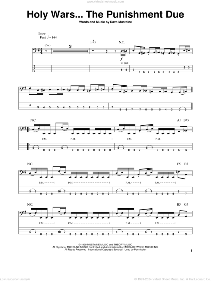 Holy Wars...The Punishment Due sheet music for bass (tablature) (bass guitar) by Megadeth and Dave Mustaine, intermediate skill level