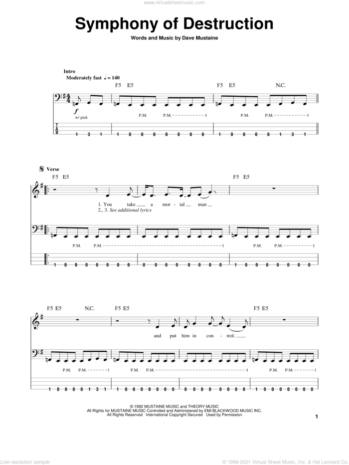 Symphony Of Destruction sheet music for bass (tablature) (bass guitar) by Megadeth and Dave Mustaine, intermediate skill level