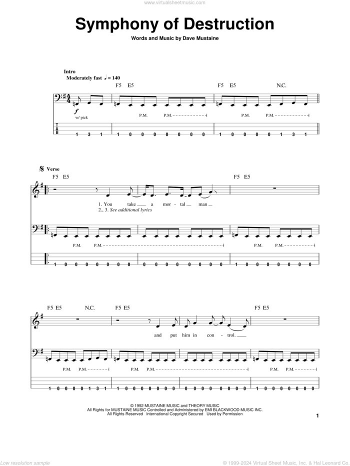 Symphony Of Destruction sheet music for bass (tablature) (bass guitar) by Megadeth and Dave Mustaine, intermediate skill level