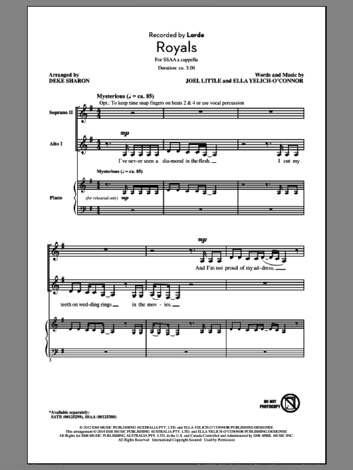 Royals (arr. Deke Sharon) sheet music for choir (SSAA: soprano, alto) by Deke Sharon, Joel Little and Lorde, intermediate skill level