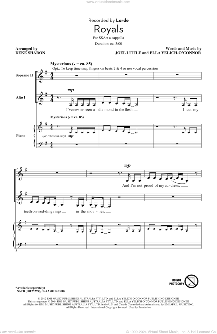 Royals (arr. Deke Sharon) sheet music for choir (SSAA: soprano, alto) by Deke Sharon, Joel Little and Lorde, intermediate skill level
