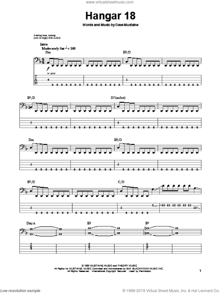 Hangar 18 sheet music for bass (tablature) (bass guitar) by Megadeth and Dave Mustaine, intermediate skill level