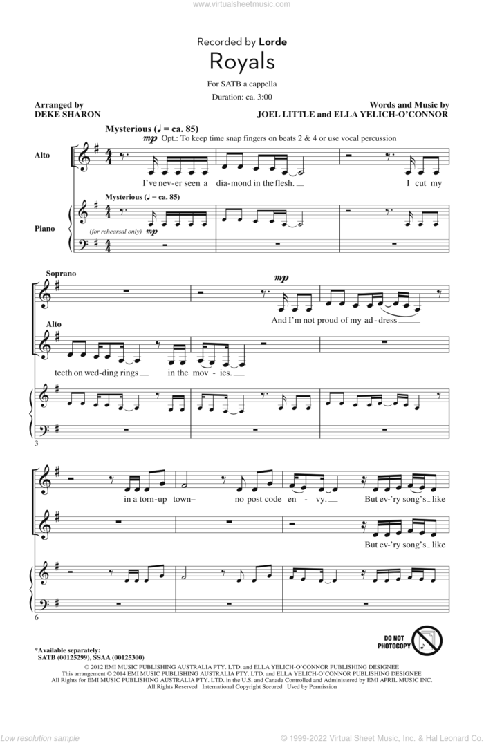 Royals (arr. Deke Sharon) sheet music for choir (SATB: soprano, alto, tenor, bass) by Deke Sharon, Joel Little and Lorde, intermediate skill level
