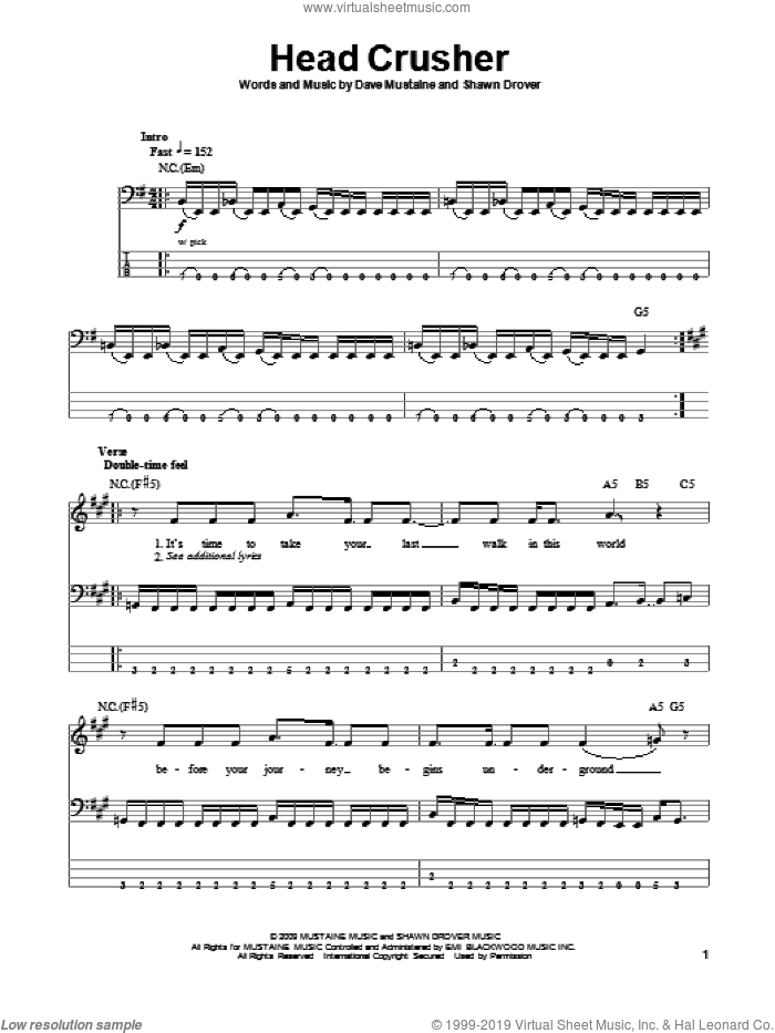 Head Crusher sheet music for bass (tablature) (bass guitar) by Megadeth, Dave Mustaine and Shawn Drover, intermediate skill level