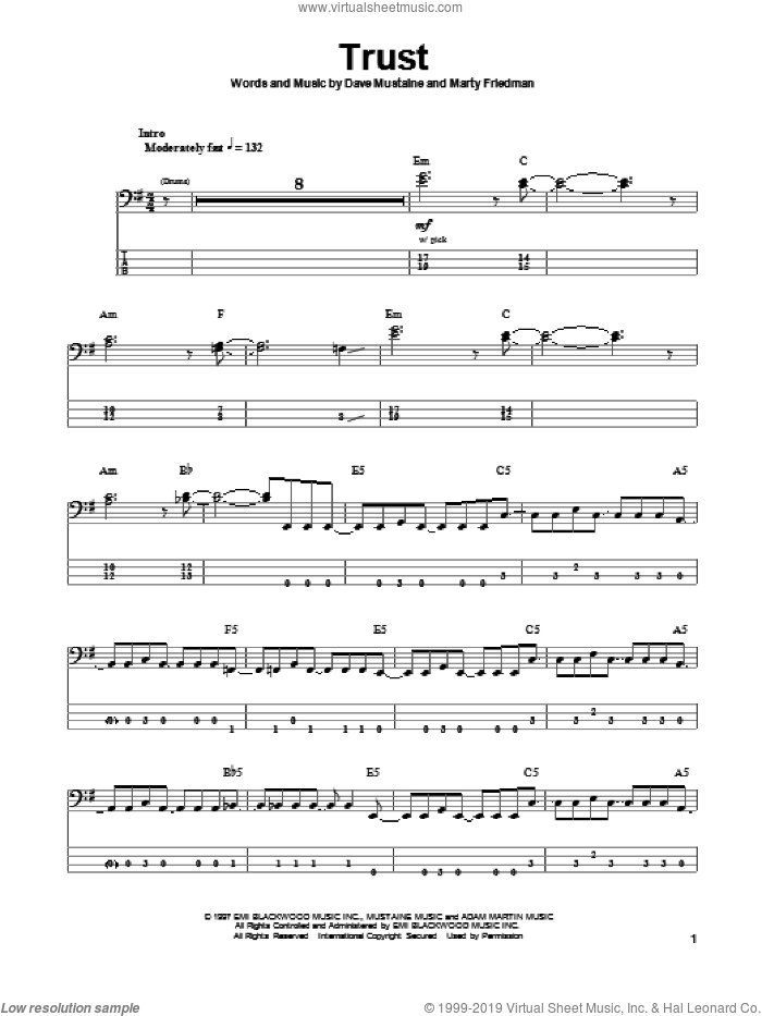 Trust sheet music for bass (tablature) (bass guitar) by Megadeth, Dave Mustaine and Marty Friedman, intermediate skill level