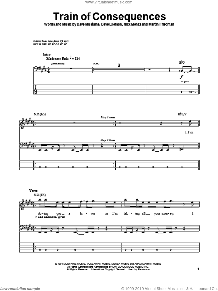 Train Of Consequences sheet music for bass (tablature) (bass guitar) by Megadeth, Dave Ellefson, Dave Mustaine, Martin Friedman and Nick Menza, intermediate skill level