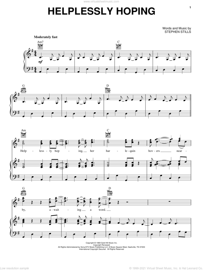 Helplessly Hoping sheet music for voice, piano or guitar by Crosby, Stills & Nash and Stephen Stills, intermediate skill level