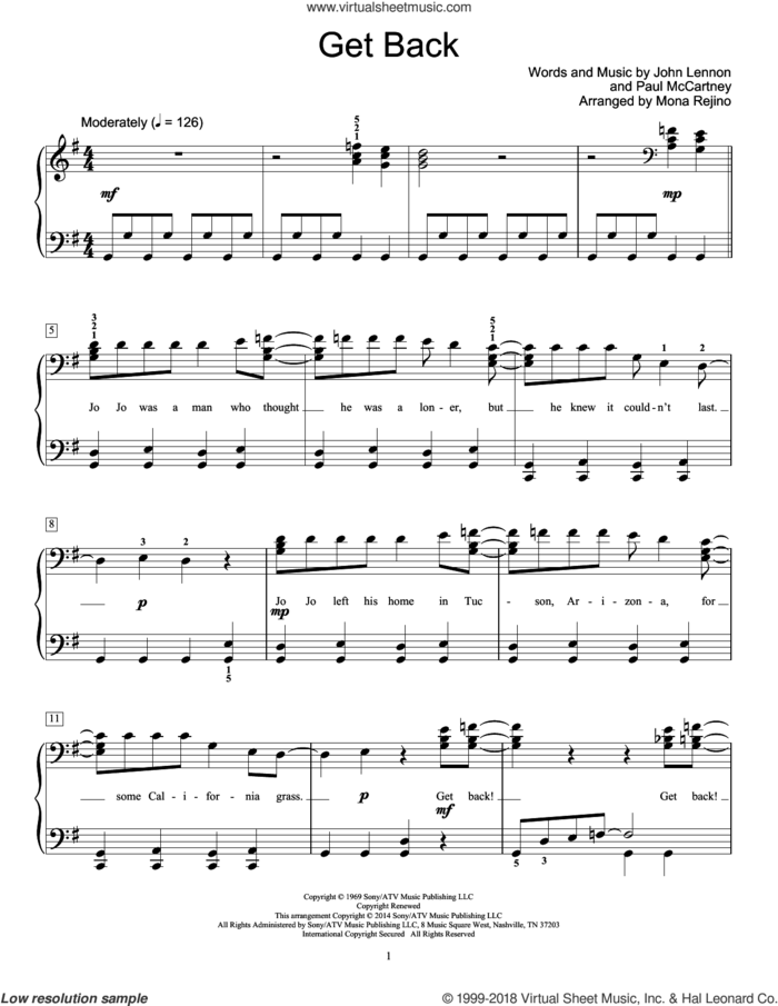 Get Back (arr. Mona Rejino) sheet music for piano solo (elementary) by The Beatles, John Lennon, Mona Rejino and Paul McCartney, beginner piano (elementary)