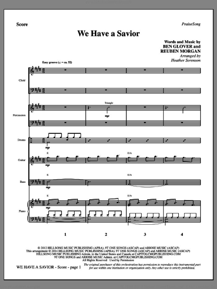 We Have a Savior (COMPLETE) sheet music for orchestra/band by Heather Sorenson, Ben Glover, Hillsong and Reuben Morgan, intermediate skill level