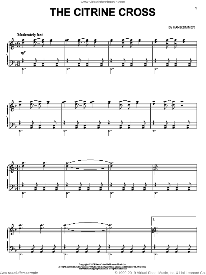 The Citrine Cross sheet music for piano solo by Hans Zimmer and The Da Vinci Code (Movie), intermediate skill level