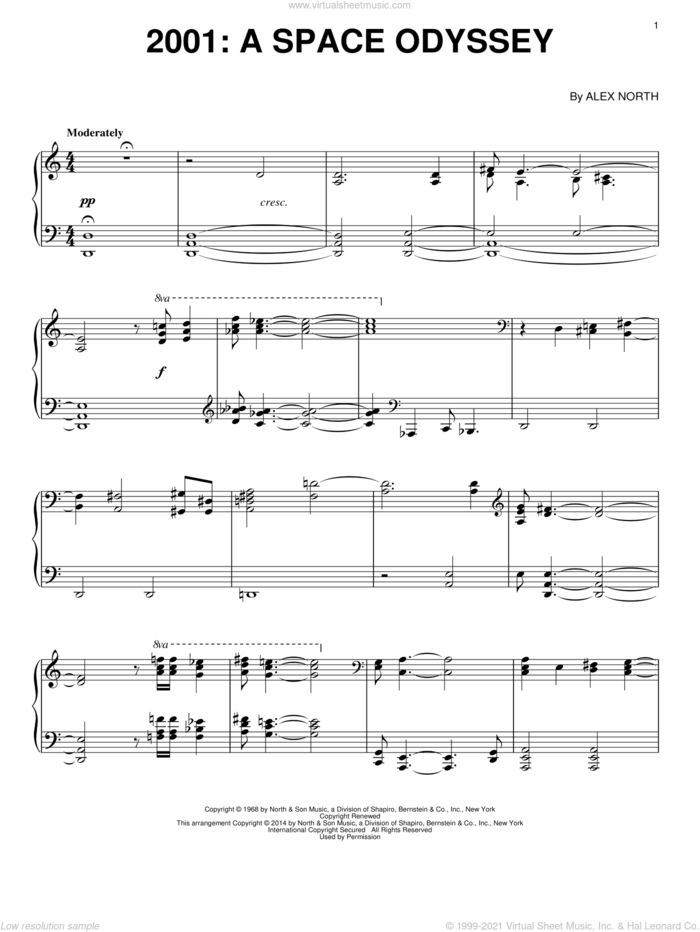2001: A Space Odyssey sheet music for piano solo by Alex North, intermediate skill level
