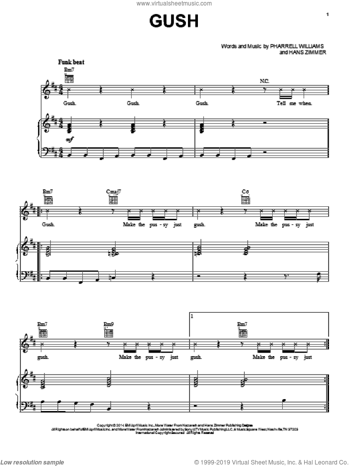 Gush sheet music for voice, piano or guitar by Pharrell Williams, Pharrell and Hans Zimmer, intermediate skill level