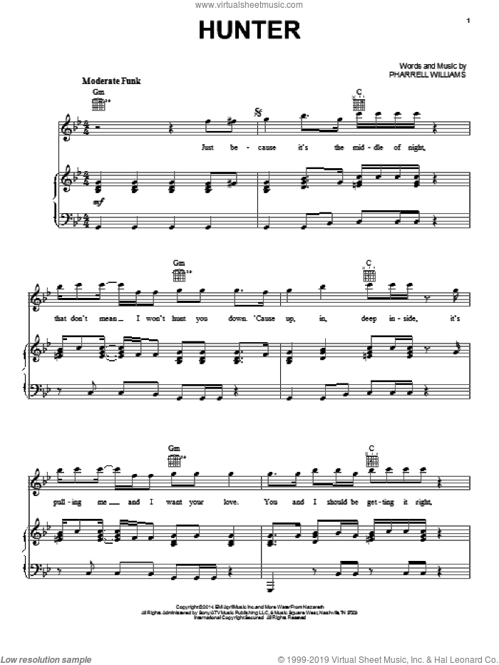 Hunter sheet music for voice, piano or guitar by Pharrell Williams and Pharrell, intermediate skill level