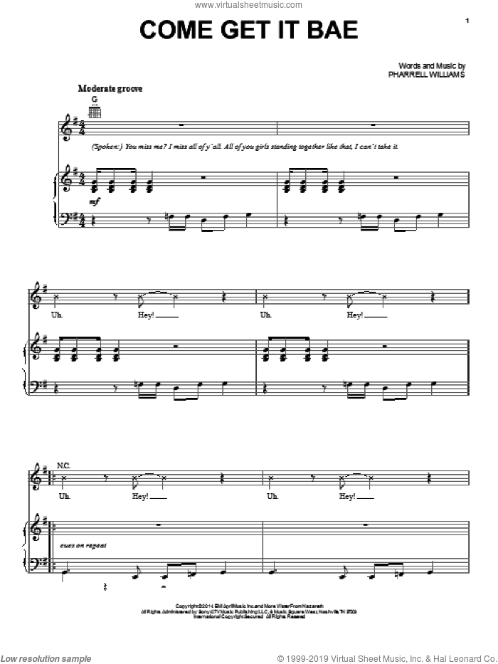 Come Get It Bae sheet music for voice, piano or guitar by Pharrell Williams and Pharrell, intermediate skill level
