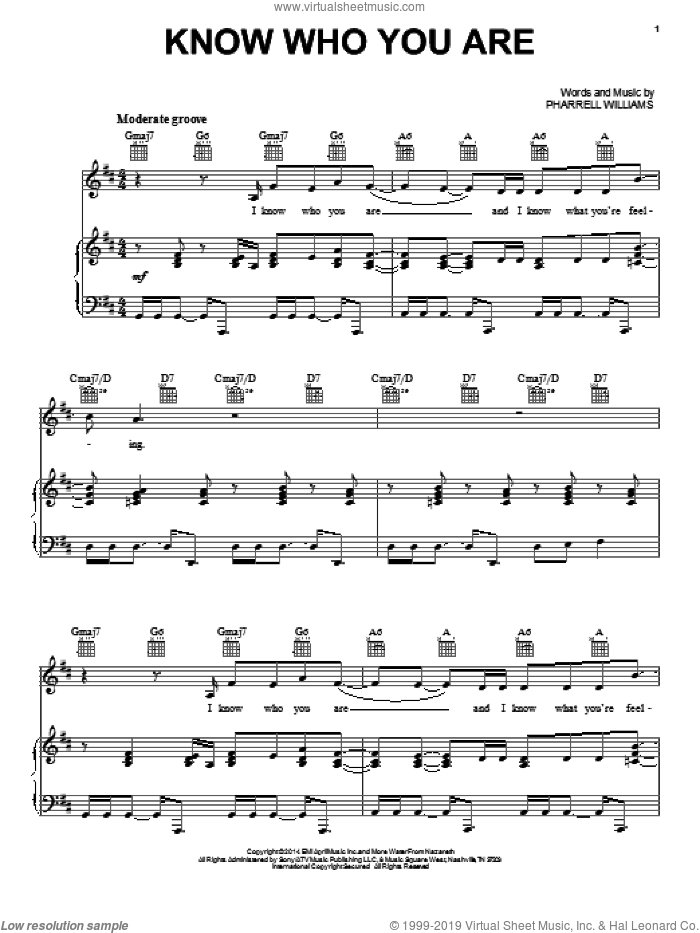 Know Who You Are sheet music for voice, piano or guitar by Pharrell Williams and Pharrell, intermediate skill level