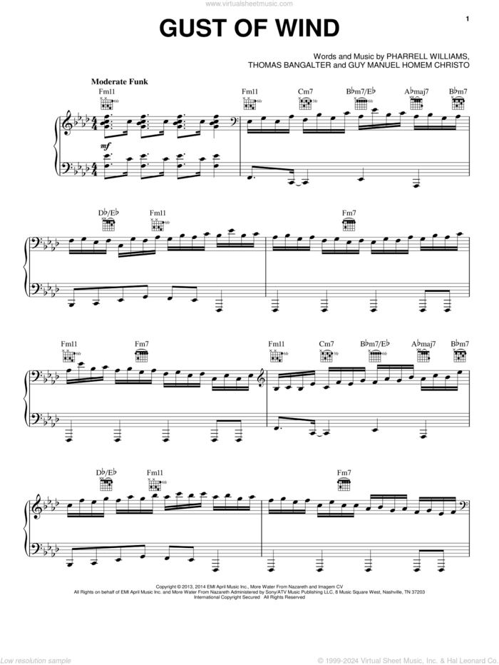 Gust Of Wind sheet music for voice, piano or guitar by Pharrell Williams, Pharrell, Guy Manuel Homem Christo and Thomas Bangalter, intermediate skill level