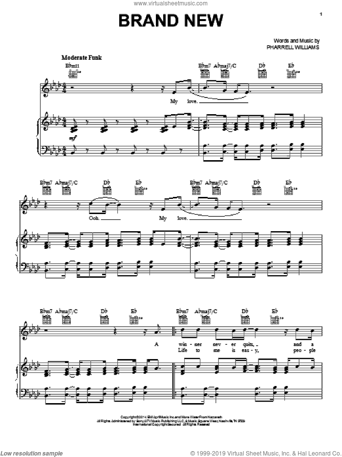 Brand New sheet music for voice, piano or guitar by Pharrell Williams and Pharrell, intermediate skill level