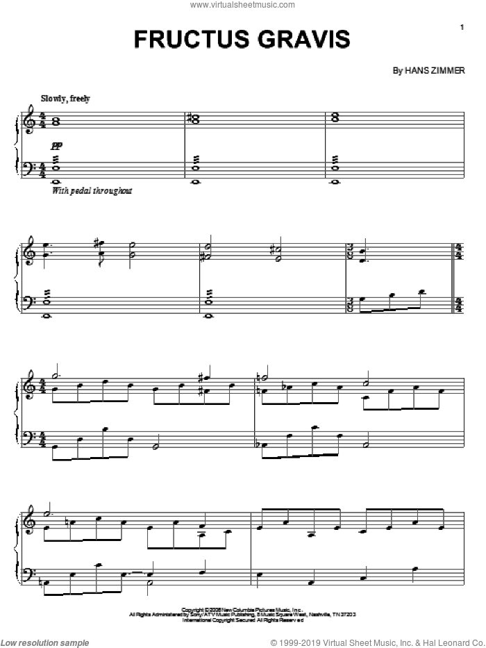 Fructus Gravis sheet music for piano solo by Hans Zimmer and The Da Vinci Code (Movie), intermediate skill level
