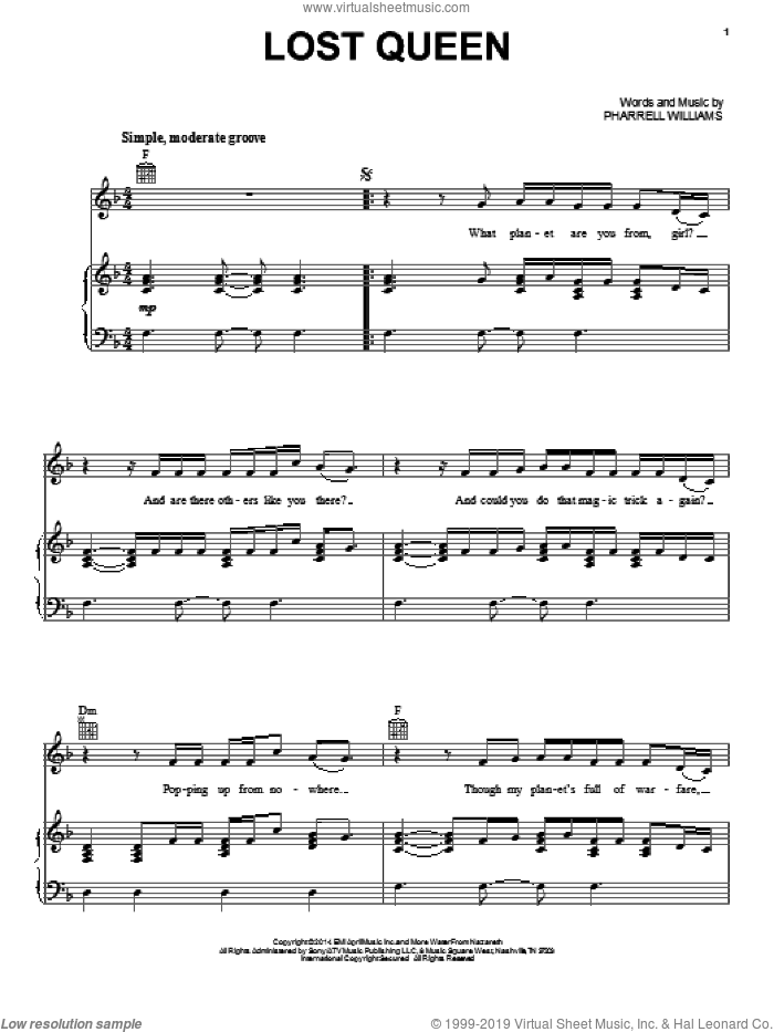 Lost Queen sheet music for voice, piano or guitar by Pharrell Williams and Pharrell, intermediate skill level