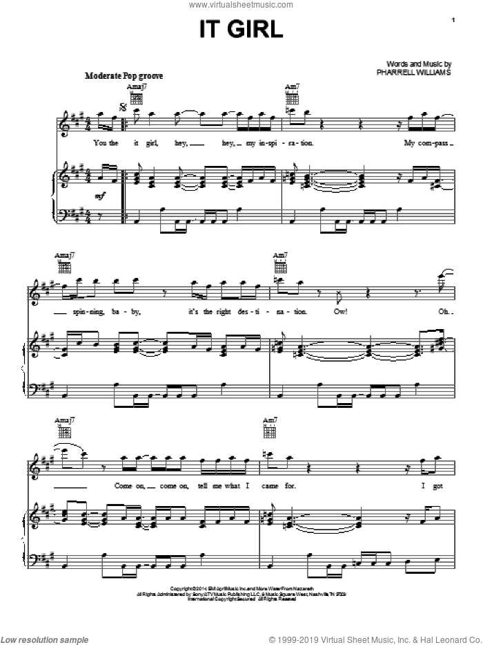 It Girl sheet music for voice, piano or guitar by Pharrell Williams and Pharrell, intermediate skill level