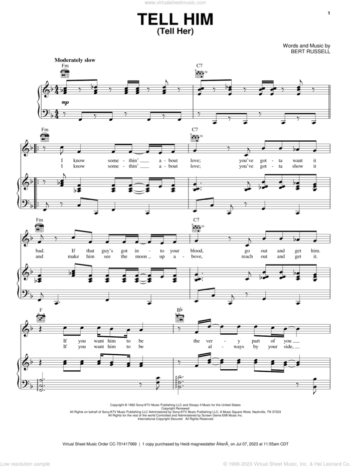 Tell Her (Tell Him) sheet music for voice, piano or guitar by The Exciters and Bert Russell, intermediate skill level