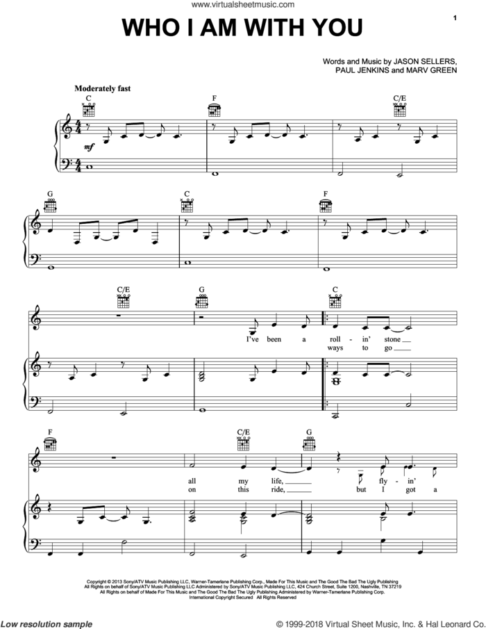 Who I Am With You sheet music for voice, piano or guitar by Chris Young, Jason Sellers, Marv Green and Paul Jenkins, intermediate skill level