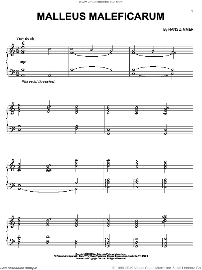 Malleus Maleficarum sheet music for piano solo by Hans Zimmer and The Da Vinci Code (Movie), intermediate skill level