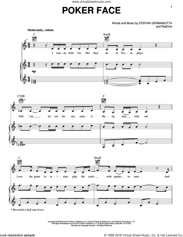 Poker Face sheet music for voice, piano or guitar by Idina Menzel, Glee Cast, Lady Gaga and RedOne, intermediate skill level