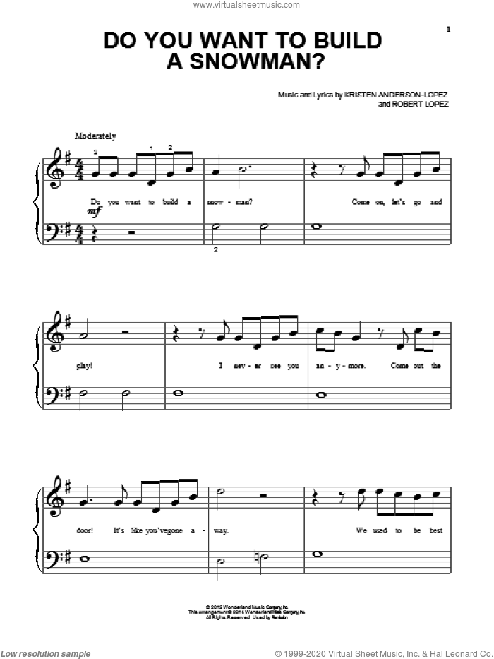 Do You Want To Build A Snowman? (from Frozen) sheet music for piano solo by Robert Lopez, Kristen Anderson-Lopez and Kristen Bell, Agatha Lee Monn & Katie Lopez, beginner skill level