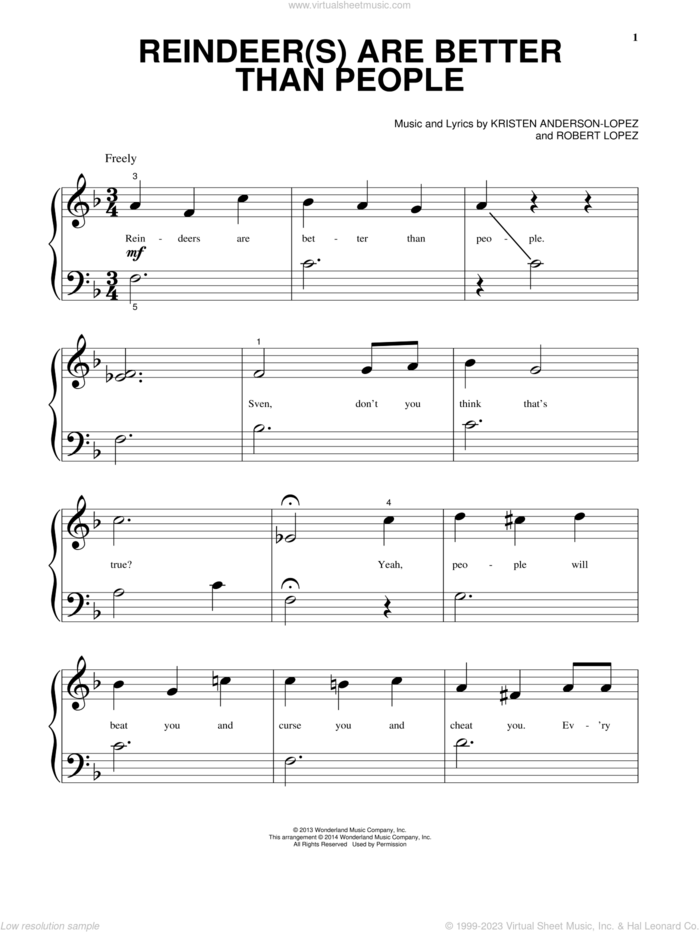 Reindeer(s) Are Better Than People (from Disney's Frozen) sheet music for piano solo (big note book) by Jonathan Groff, Kristen Anderson-Lopez and Robert Lopez, easy piano (big note book)