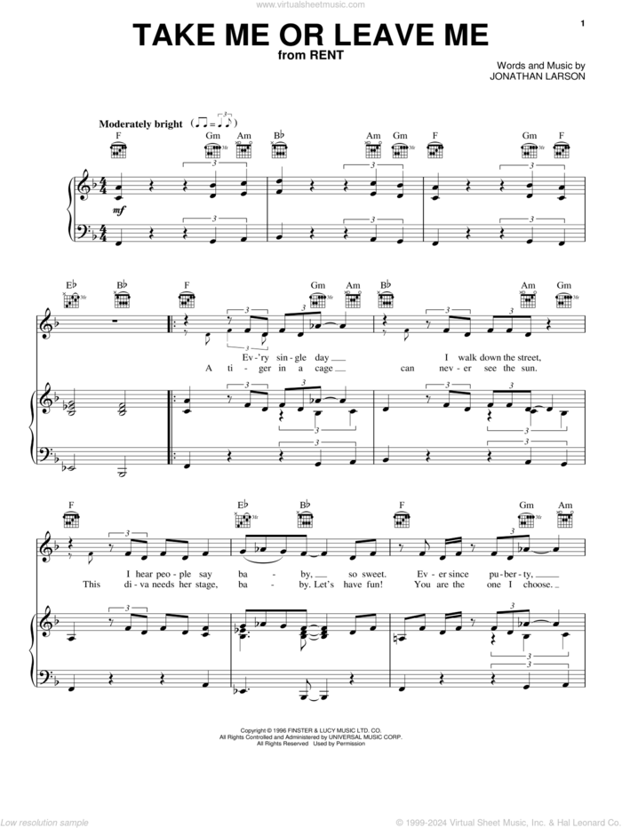 Take Me Or Leave Me sheet music for voice, piano or guitar by Idina Menzel, Glee Cast and Jonathan Larson, intermediate skill level