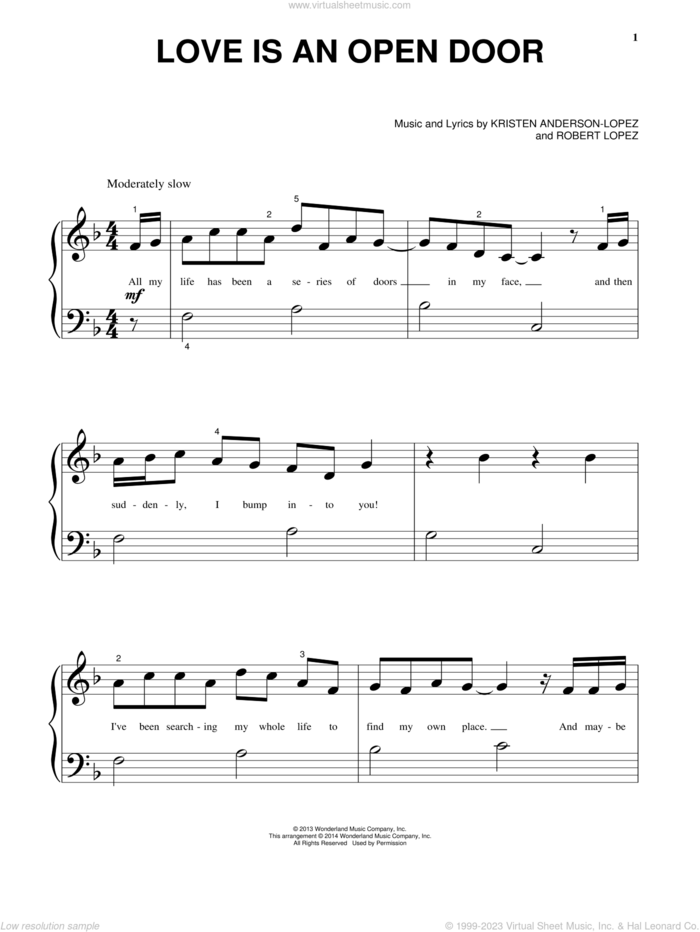 Love Is An Open Door (from Frozen), (beginner) sheet music for piano solo by Kristen Bell & Santino Fontana, Kristen Anderson-Lopez and Robert Lopez, beginner skill level