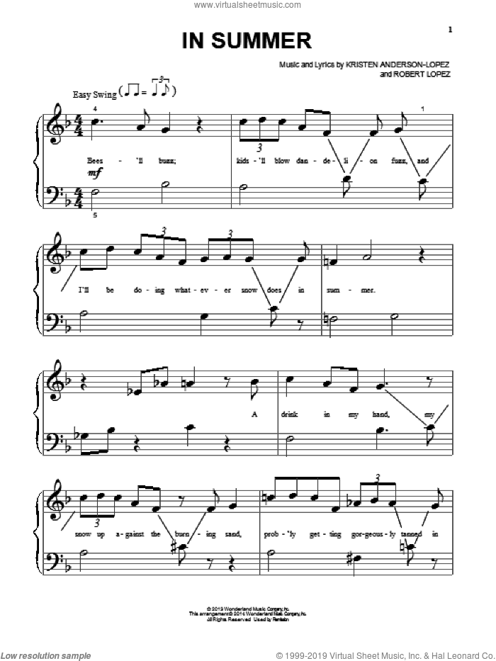 In Summer (from Frozen) sheet music for piano solo by Josh Gad, Kristen Anderson-Lopez and Robert Lopez, beginner skill level