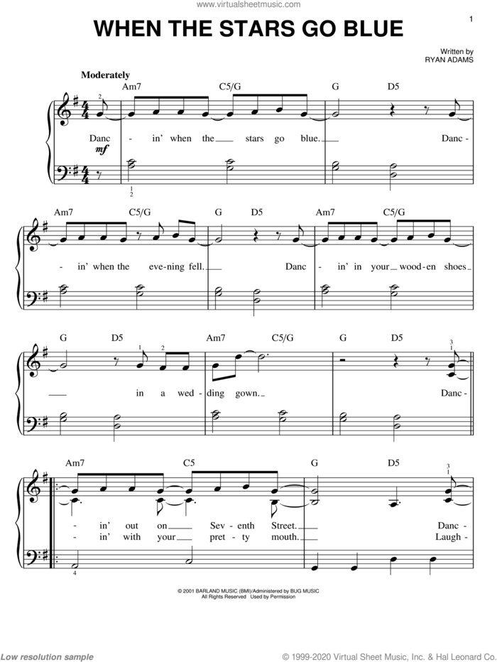 When The Stars Go Blue sheet music for piano solo by Tim McGraw and Ryan Adams, easy skill level