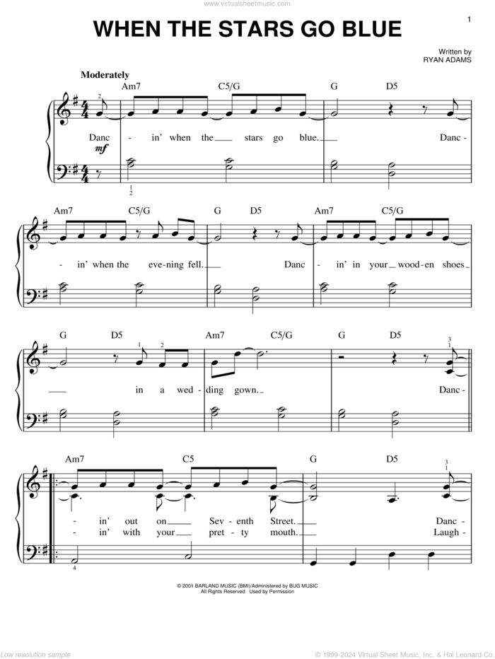 When The Stars Go Blue sheet music for piano solo by Tim McGraw and Ryan Adams, easy skill level