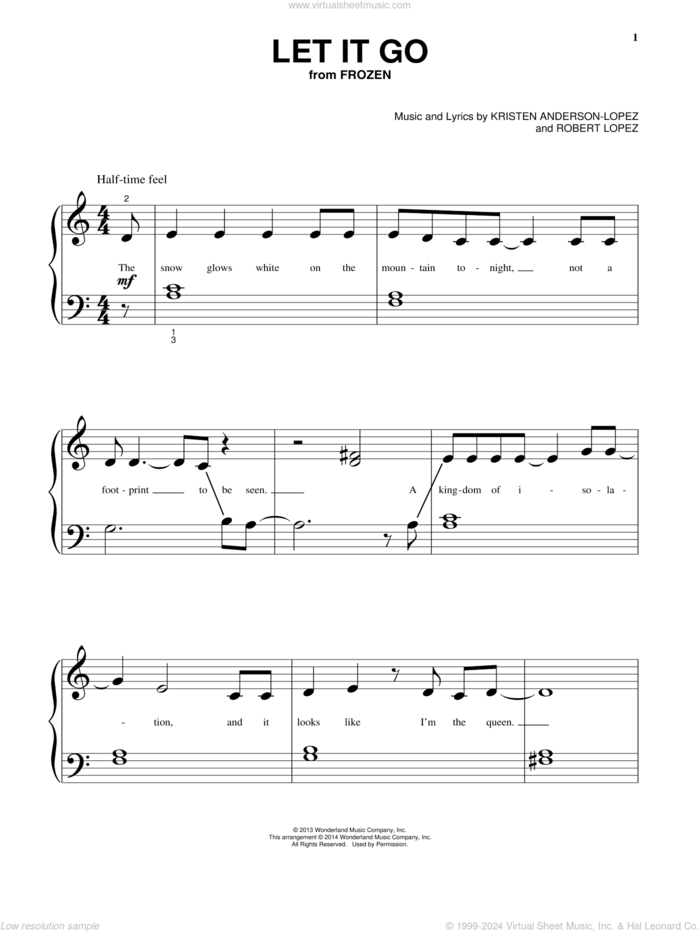 Let It Go (from Frozen) sheet music for piano solo by Idina Menzel, Kristen Anderson-Lopez and Robert Lopez, beginner skill level