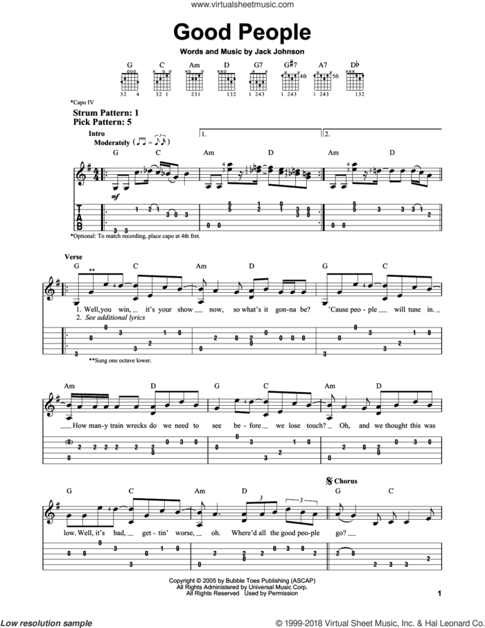Good People sheet music for guitar solo (easy tablature) by Jack Johnson, easy guitar (easy tablature)