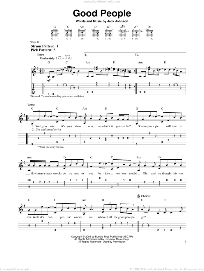 Good People sheet music for guitar solo (easy tablature) by Jack Johnson, easy guitar (easy tablature)