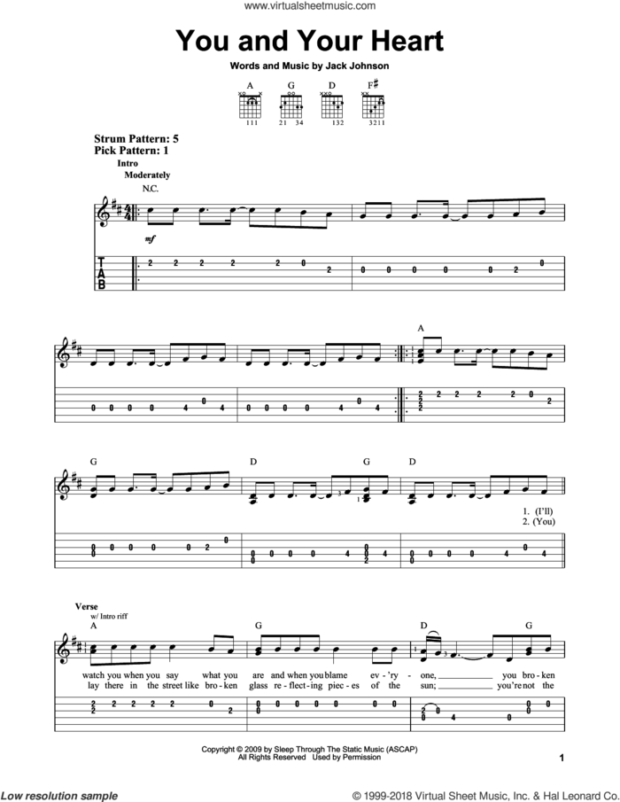 You And Your Heart sheet music for guitar solo (easy tablature) by Jack Johnson, easy guitar (easy tablature)