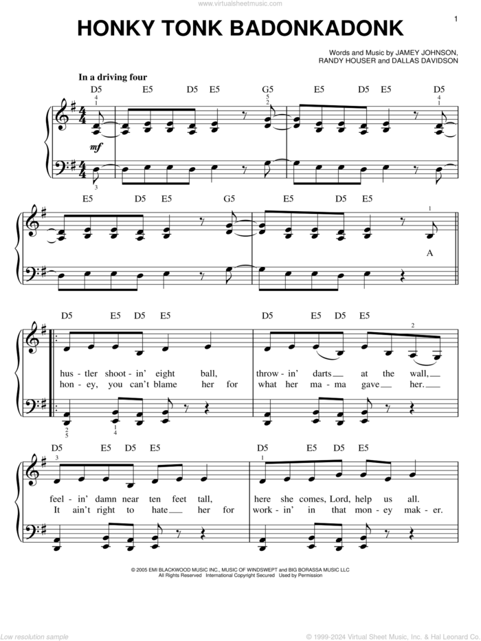 Honky Tonk Badonkadonk sheet music for piano solo by Trace Adkins, Dallas Davidson, Jamey Johnson and Randy Houser, easy skill level