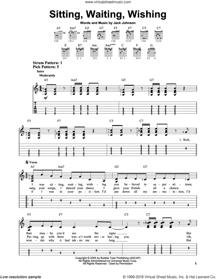 Sitting, Waiting, Wishing sheet music for guitar solo (easy tablature) by Jack Johnson, easy guitar (easy tablature)