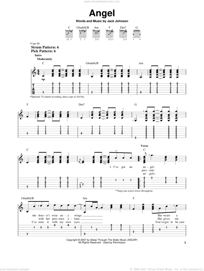 Angel sheet music for guitar solo (easy tablature) by Jack Johnson, easy guitar (easy tablature)