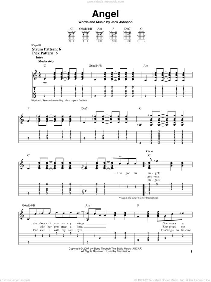 Angel sheet music for guitar solo (easy tablature) by Jack Johnson, easy guitar (easy tablature)