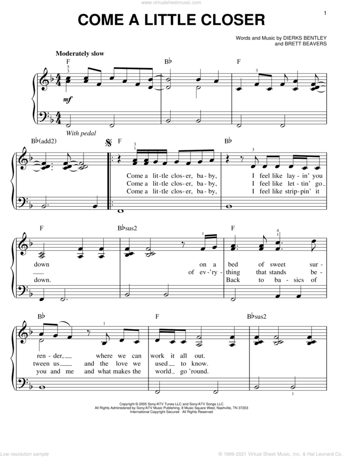 Come A Little Closer sheet music for piano solo by Dierks Bentley and Brett Beavers, easy skill level