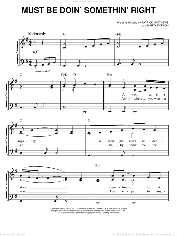 Must Be Doin' Somethin' Right sheet music for piano solo by Billy Currington, Martin Dodson and Patrick Matthews, easy skill level
