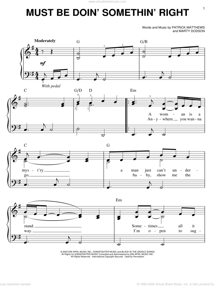 Must Be Doin' Somethin' Right sheet music for piano solo by Billy Currington, Martin Dodson and Patrick Matthews, easy skill level