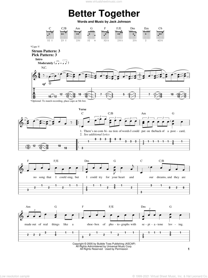 Better Together sheet music for guitar solo (easy tablature) by Jack Johnson, easy guitar (easy tablature)