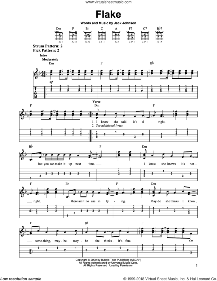 Flake sheet music for guitar solo (easy tablature) by Jack Johnson, easy guitar (easy tablature)