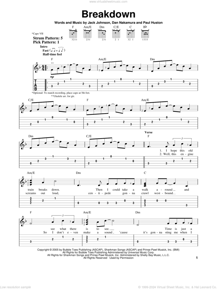 Breakdown sheet music for guitar solo (easy tablature) by Jack Johnson, Dan Nakamura and Paul Huston, easy guitar (easy tablature)