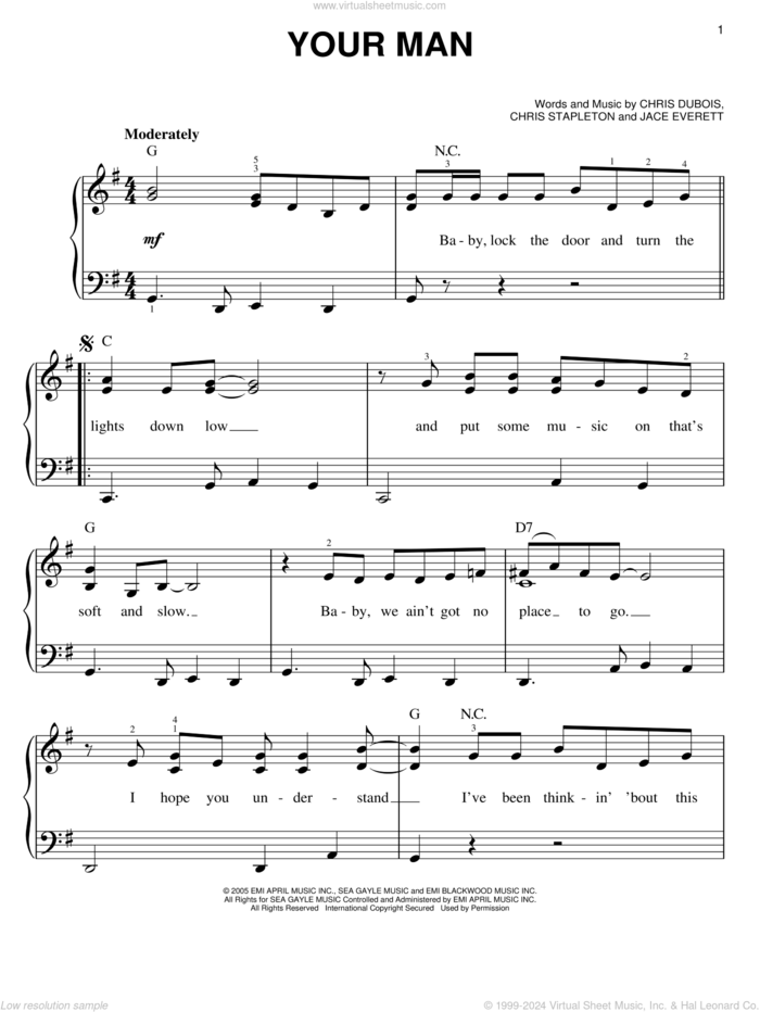 Your Man sheet music for piano solo by Josh Turner, Chris DuBois, Chris Stapleton and Jace Everett, easy skill level